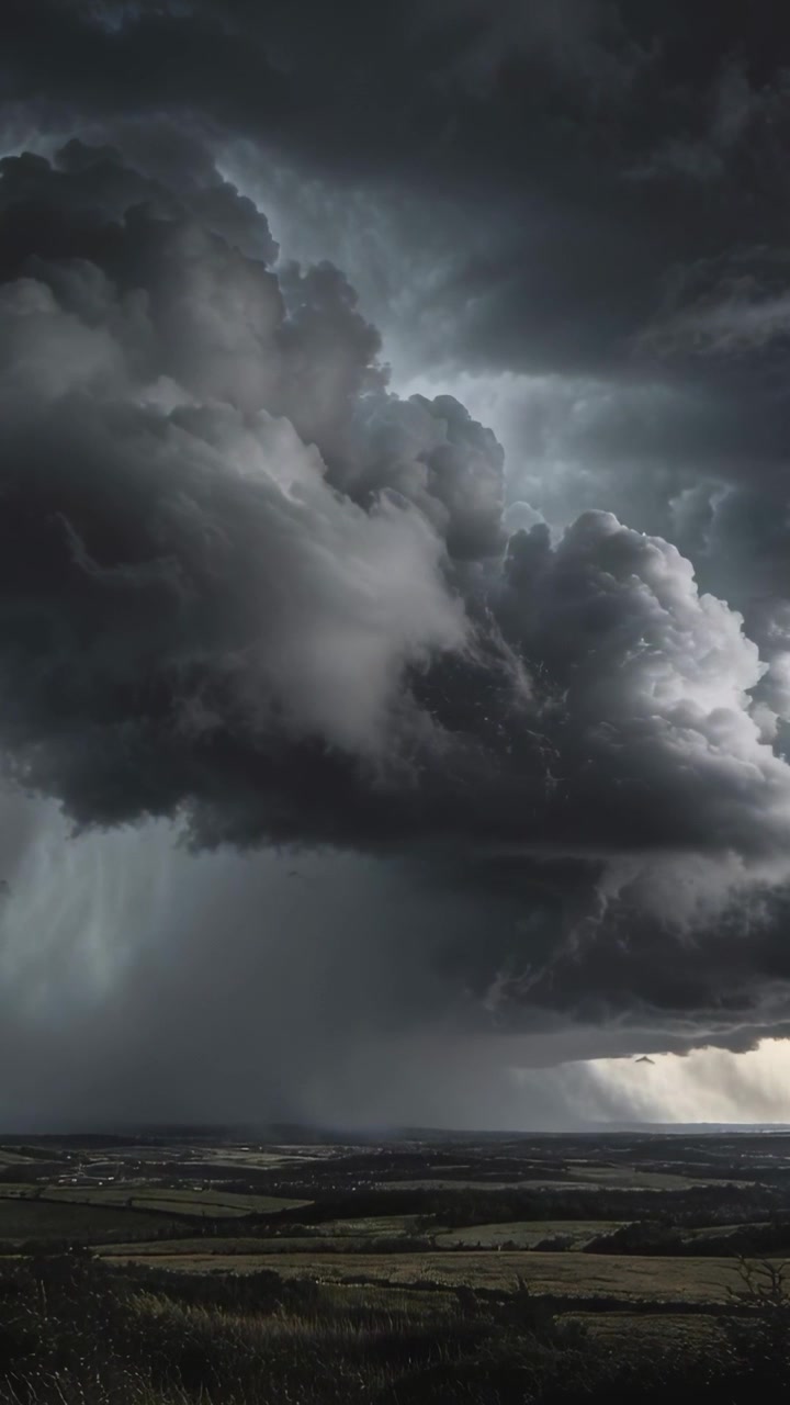 Video vertical: Un brillo en el horizonte derecho provoca que la tormenta se intensifique sobre los campos con una columna de lluvia.