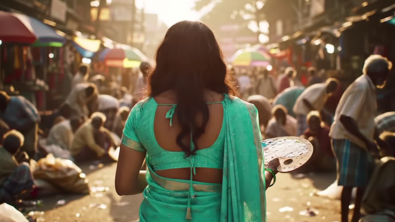 A vibrant market scene bathed in golden sunlight captures a woman in a turquoise saree, artistically poised with a painter's palette amidst bustling activity and colorful umbrellas