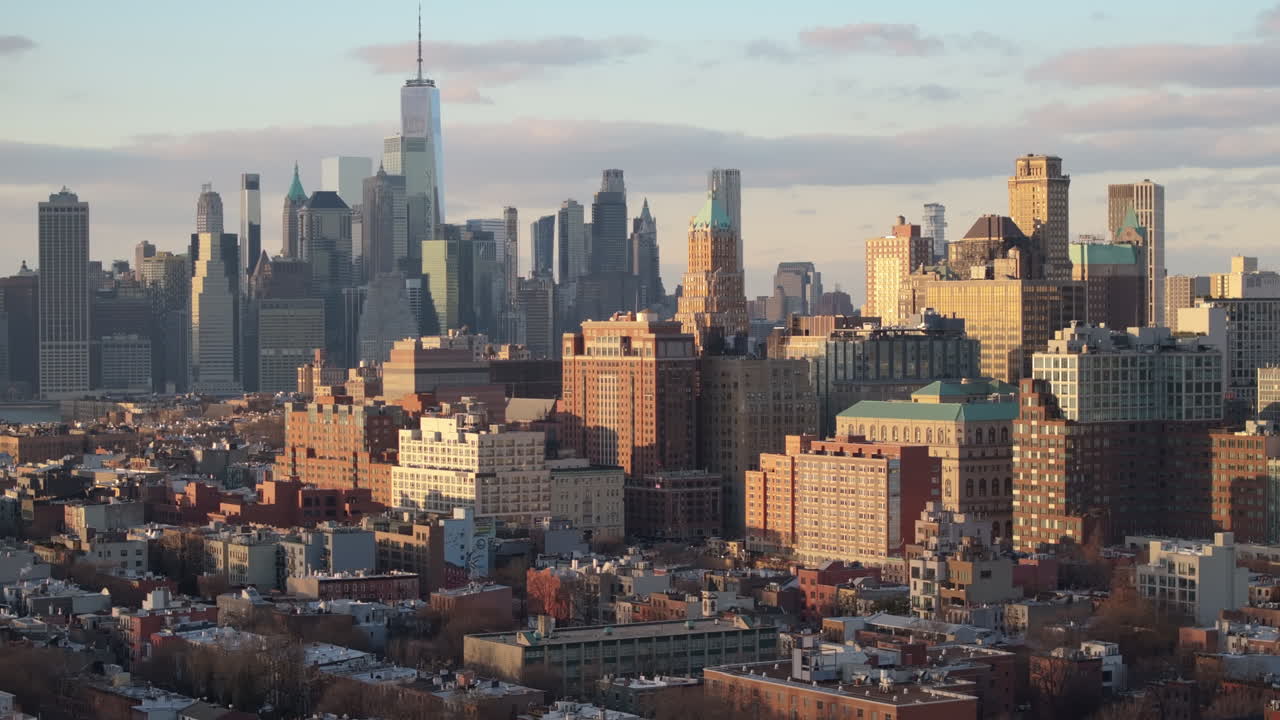 Aerial view of the New York City Financial District. Shot on a winter day in Brooklyn.