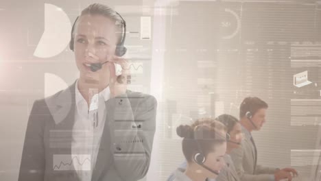 Animation-of-statistics-recording-over-business-people-using-phone-headsets