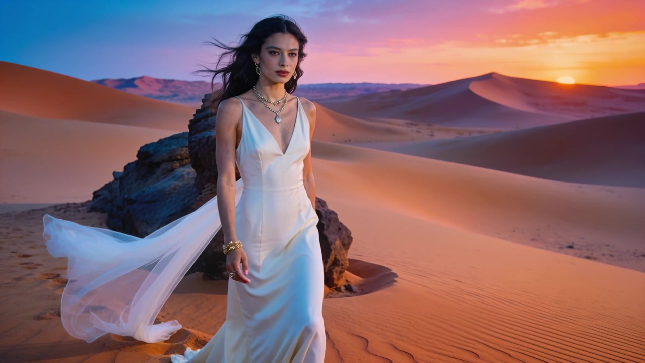 Donna che cammina verso la telecamera, con il velo sollevato dalla brezza, oltre una roccia al tramonto, mentre modella un abito di seta.