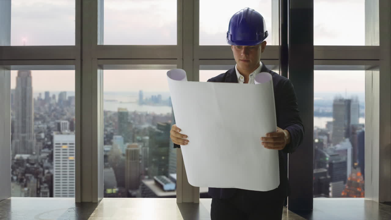 arquitecto revisando planos con una vista de la ciudad