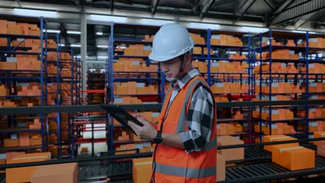vista lateral de un ingeniero masculino asiático con casco de seguridad trabajando en una tableta mientras está de pie en el almacén con estantes llenos de productos de entrega