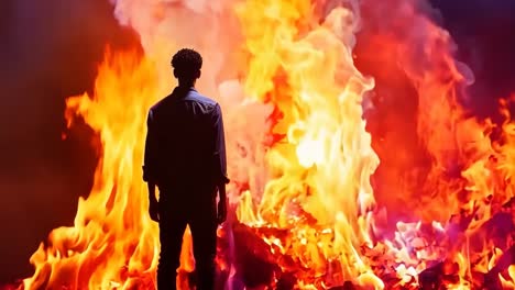 a man standing in front of a large fire