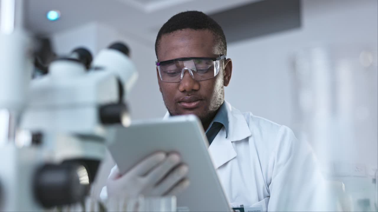Science, research and digital tablet by black man