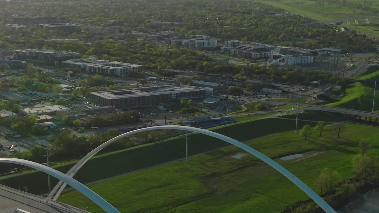 View of downtown Dallas, Texas from above with green spaces and buildings
