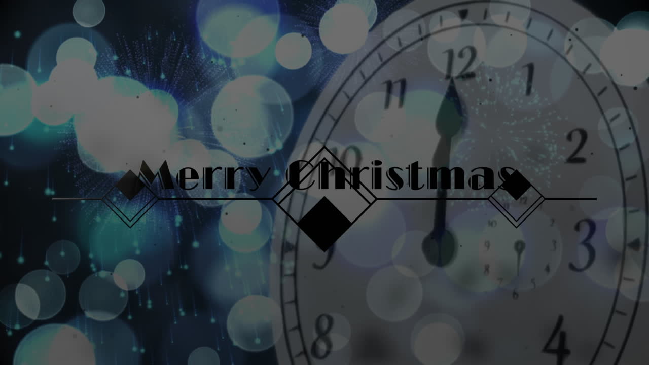 하 ⁇ 밤과 배경에 내리는 눈을 보여주는 시계 위의 크리스마스 축하 애니메이션