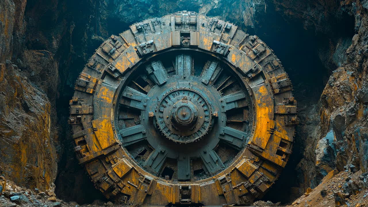 Grande macchina perforatrice industriale. Un'enorme macchina perforatrice industriale in funzione all'interno di un tunnel con fumo e fuoco