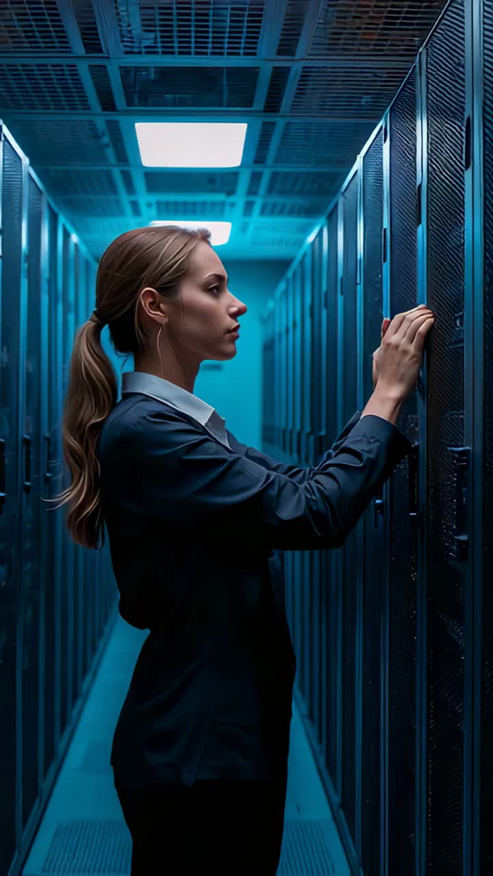 Vertical video: Entering woman tech wearing dark jacket in server room aisle, inspecting rack panel