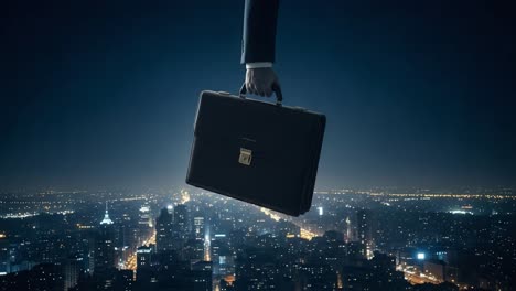 a determined businessman holds a briefcase overlooking a vibrant city skyline at night, symbolizing ambition, success, and opportunity in a professional environment