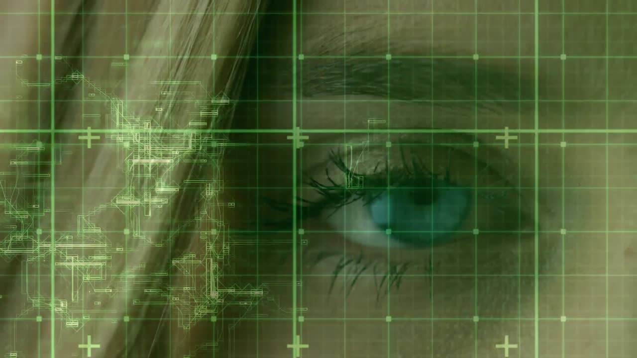 Animation of data processing over grid and woman's face