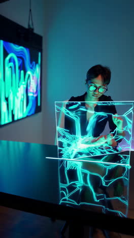 Woman working with a futuristic holographic display