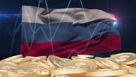animación de monedas de dólar sobre procesamiento de datos y bandera de rusia