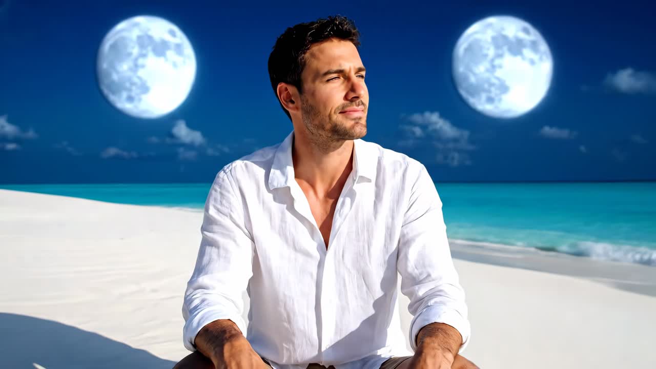 Man Meditating on a Beach with Moons