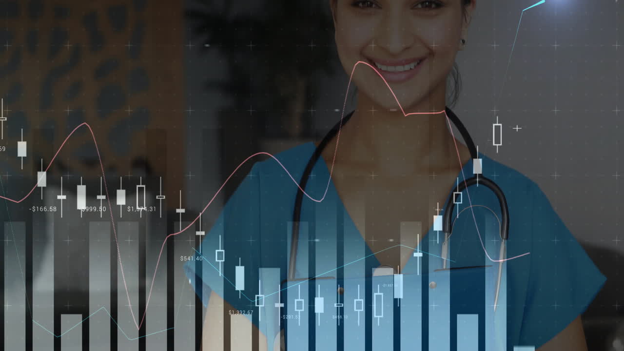 datos financieros y análisis del mercado de valores animación sobre profesional de la salud sonriente
