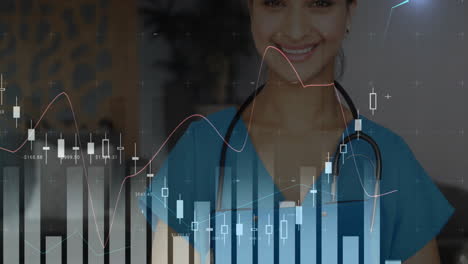 financial data and stock market analysis animation over smiling healthcare professional