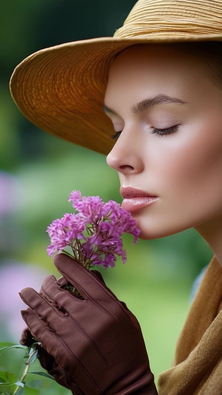 Un ritratto sereno di una donna con un cappello elegante, che tiene delicatamente un fiore rosa, mettendo in risalto la bellezza e la natura in un ambiente di giardino morbido e lussureggiante.