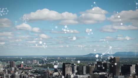 animation of connections moving over blue sky and modern cityscape