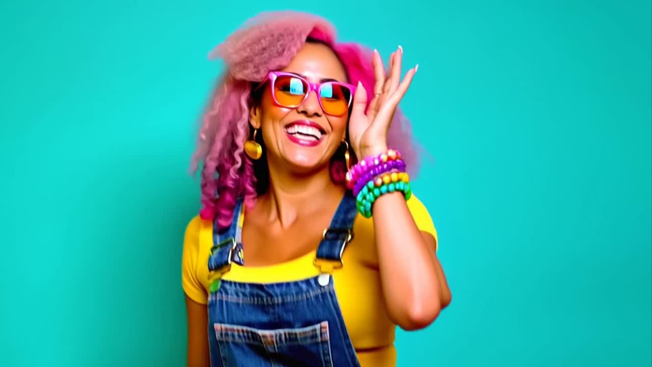 A woman with pink hair and a yellow shirt is smiling and waving