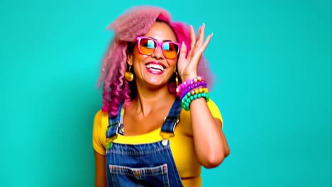 a woman with pink hair and a yellow shirt is smiling and waving