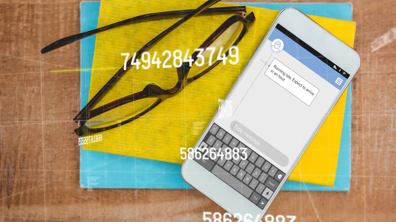 On start glasses notebooks and smartphone showing numeric streams animating vanishing for data flow