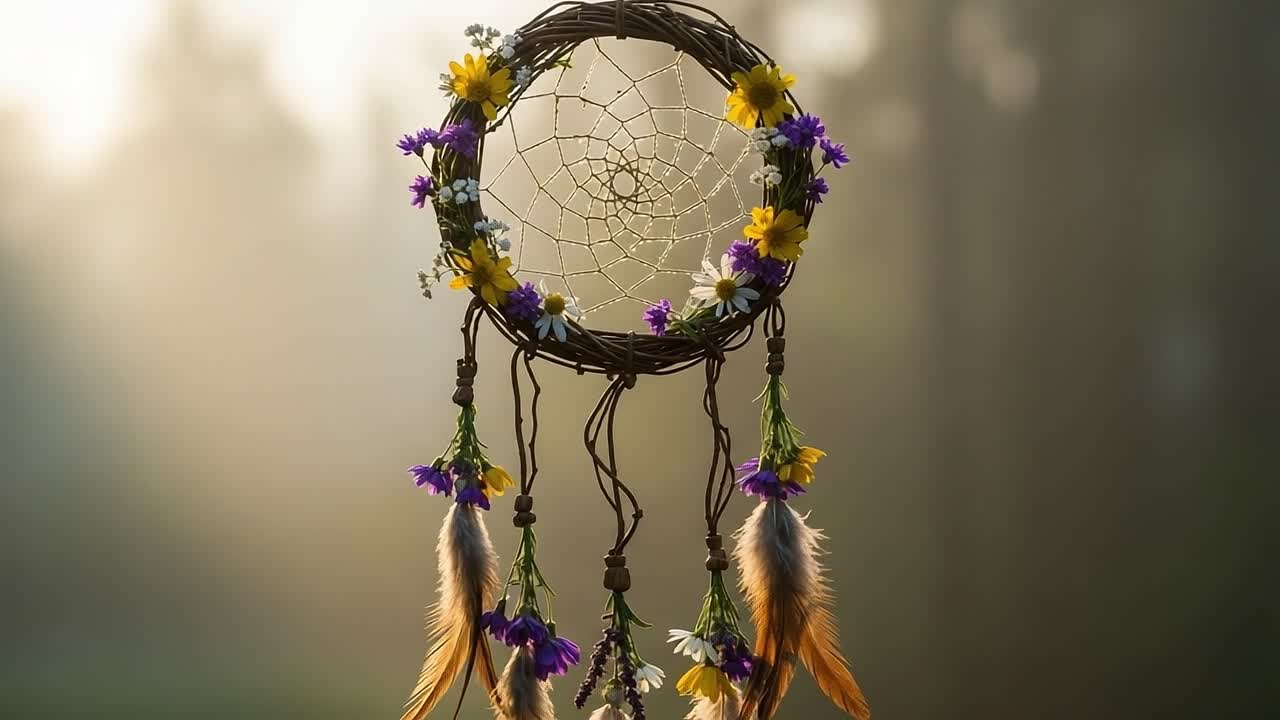 A Beautifully Crafted Dreamcatcher Adorned with Colorful Flowers and Feathers Captured in a Serene Natural Setting During Golden Hour Light