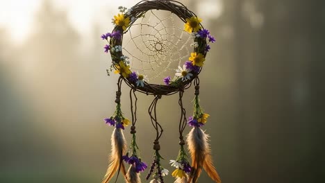 a beautifully crafted dreamcatcher adorned with colorful flowers and feathers captured in a serene natural setting during golden hour light