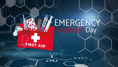 animation of emergency number day text with medical icons on black background