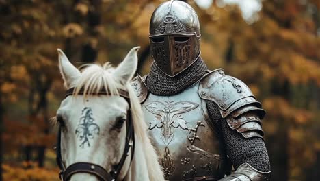 a man in armor riding on the back of a white horse