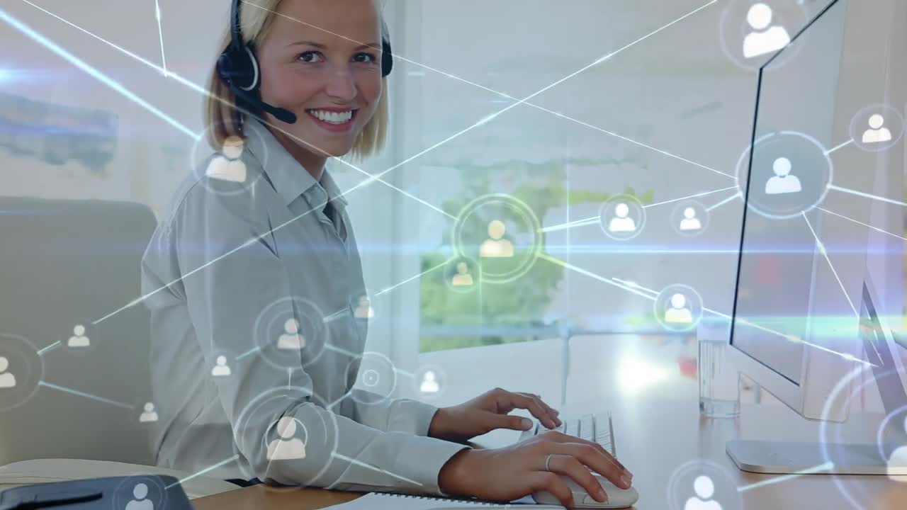 animación de la red de conexiones sobre la mujer de negocios caucásica en la oficina