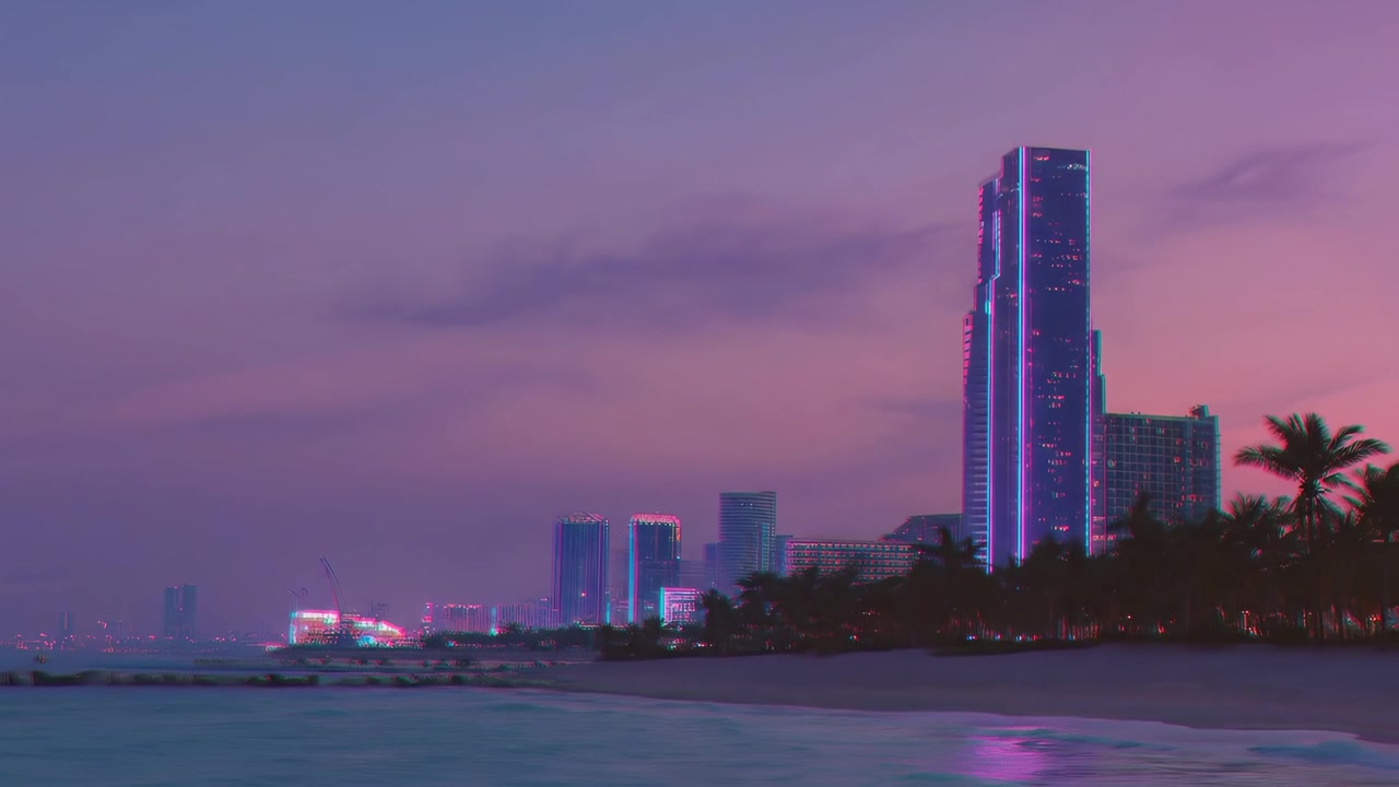 Horizonte de cidade moderna ao pôr do sol com iluminação neon