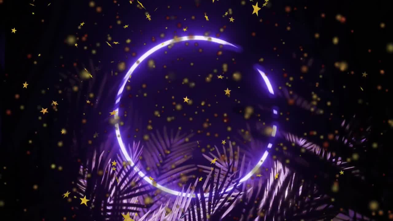 Purple neon ring fading into view starting gold stars drifting, palm ...