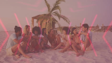 on beach, friends sitting with pink light animation creating vibrant scene