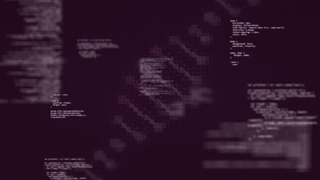 Animation-of-computer-language-over-rotating-dna-helix-against-black-background