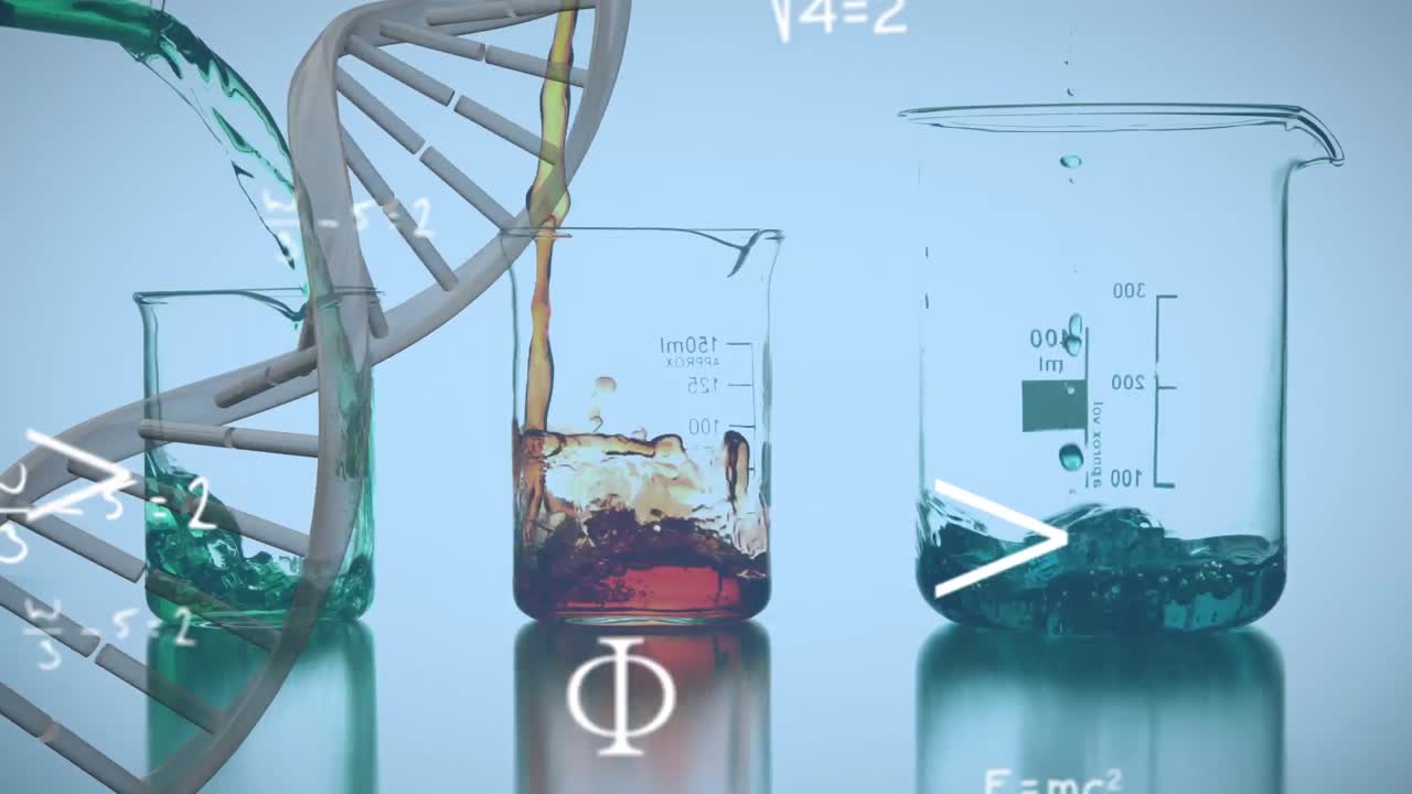 Animation of dna helix and mathematical equation over liquid getting filled in glass beaker