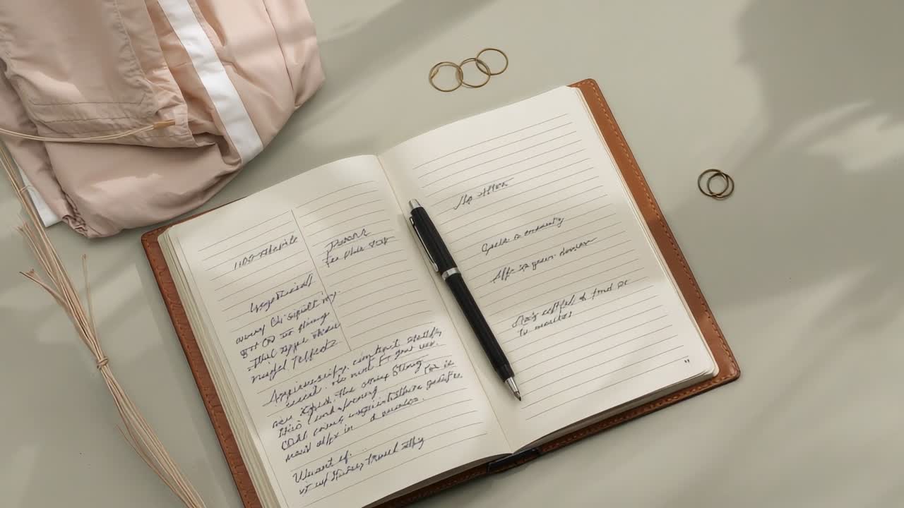 Shifting sunlight nudging camera, tightening framing on open notebook on desk, showing notes, rings