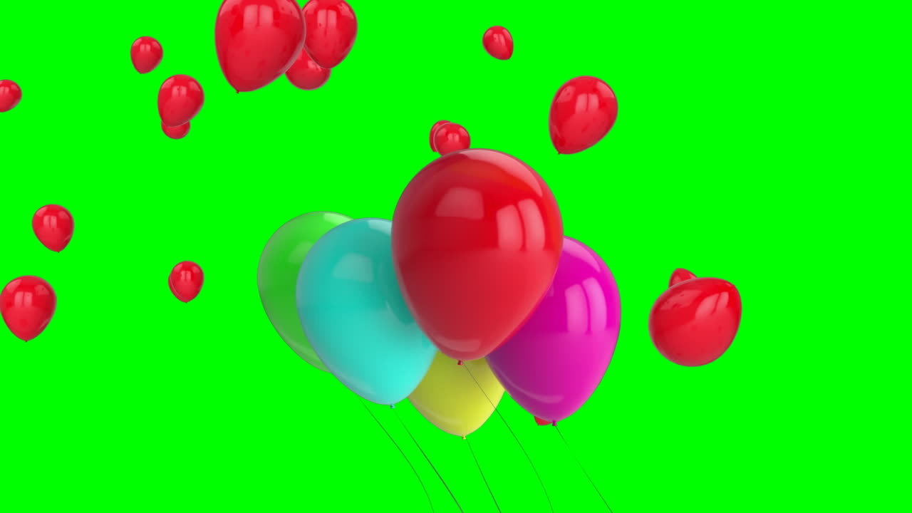 Animazione di palloncini multicolori che volano su sfondo verde