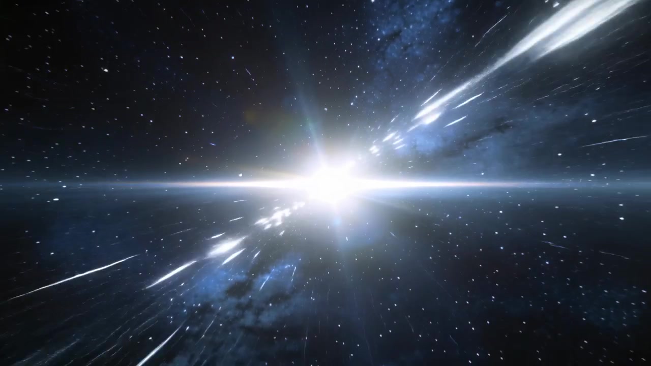 深宇宙で、水平のレンズフレアを伴いながらコアフレアに向かって突進するカメラ。そのスピード感を表現している。