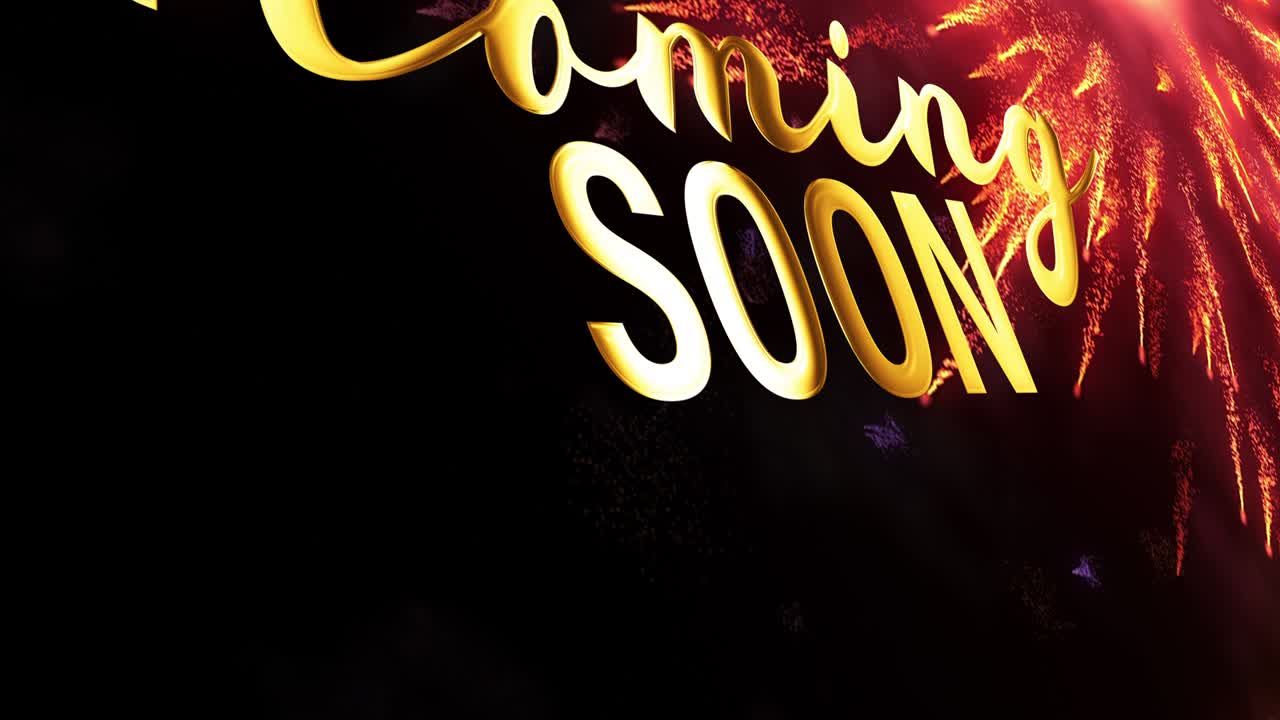 COMING SOON gold text with fireworks particles motion graphic effect on black background. 4K 3D seamless loop calligraphy gold text word and colorful spark fireworks for advertising, sale promotion.