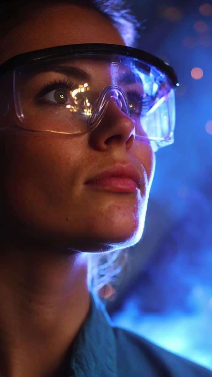 Primo piano di una donna con occhiali protettivi, che guarda pensierosa in lontananza, con uno sfondo di colori vivaci ed effetti di illuminazione suggestivi