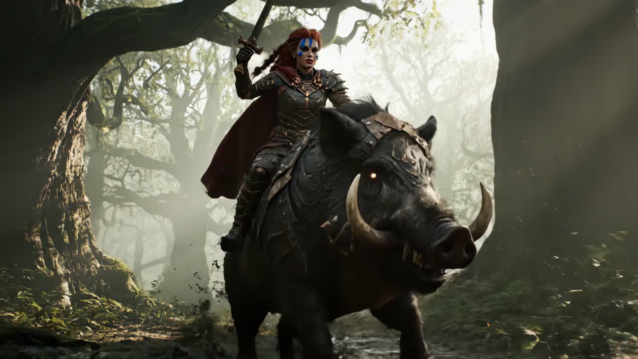 Woman Warrior Riding a Boar in a Fantasy Forest