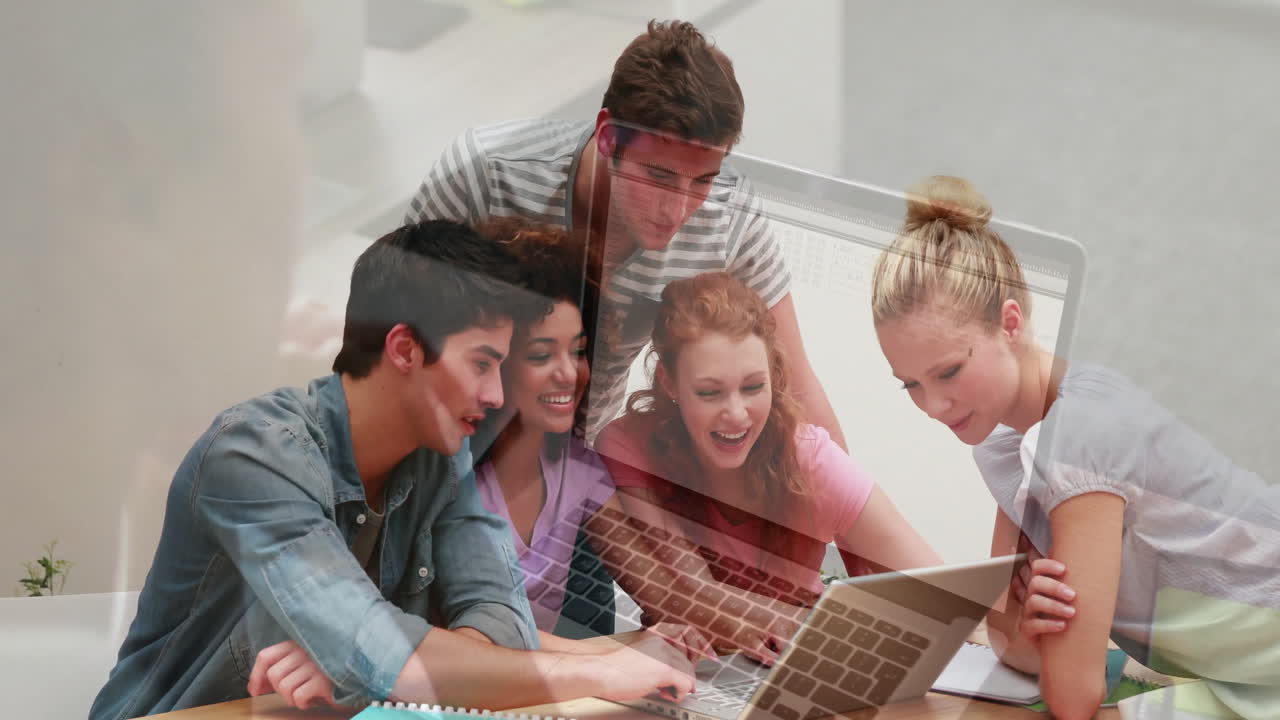 Group collaborating around laptop in education lounge, featuring animated charts and notebook icons