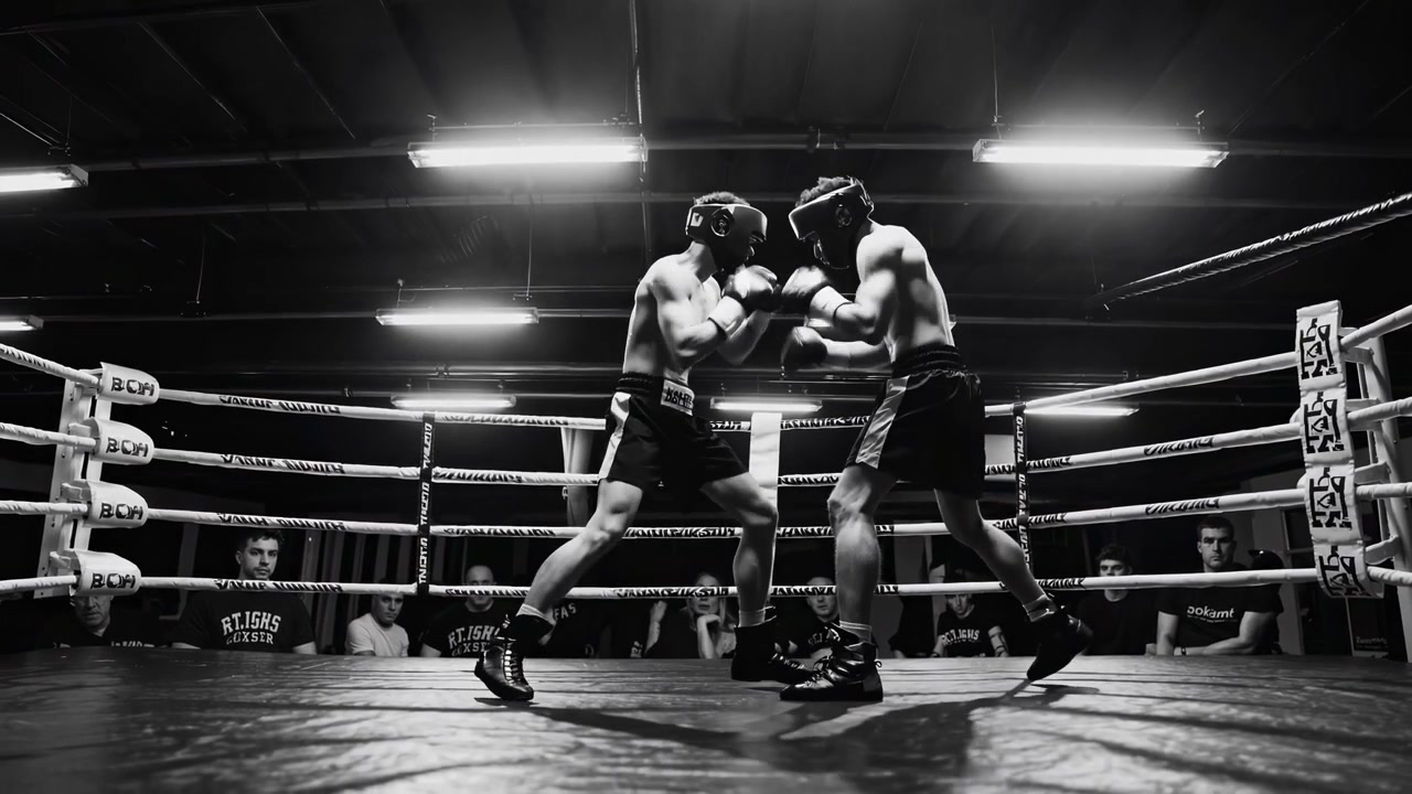 Due pugili che fanno sparring su un ring di boxe