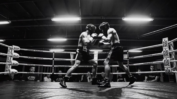 Due pugili che fanno sparring su un ring di boxe