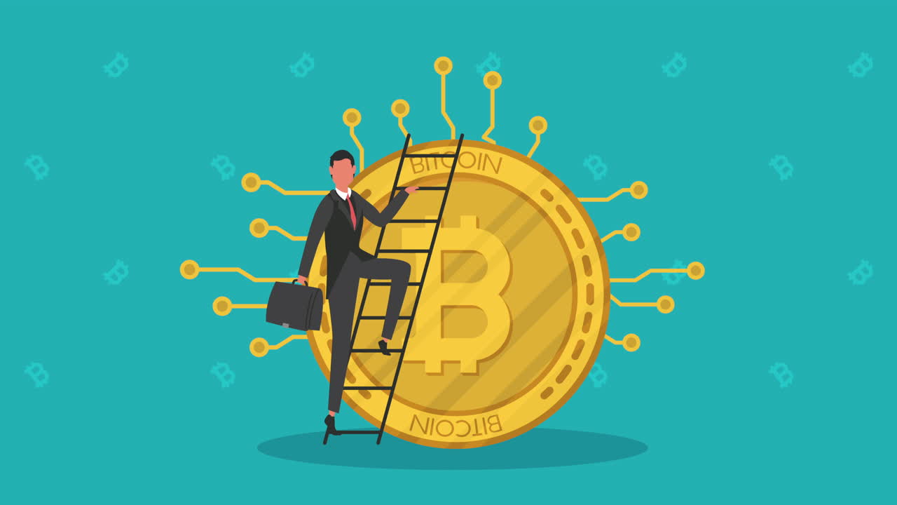 비트코인 암호화폐 애니메이션을 가진 계단에 있는 사업가