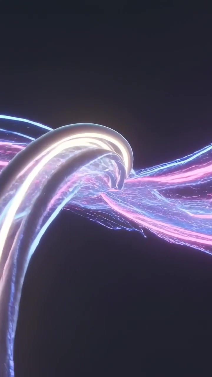 Vertical video: Approaching metallic tube pulling neon ribbons into braided knot in void, sparking