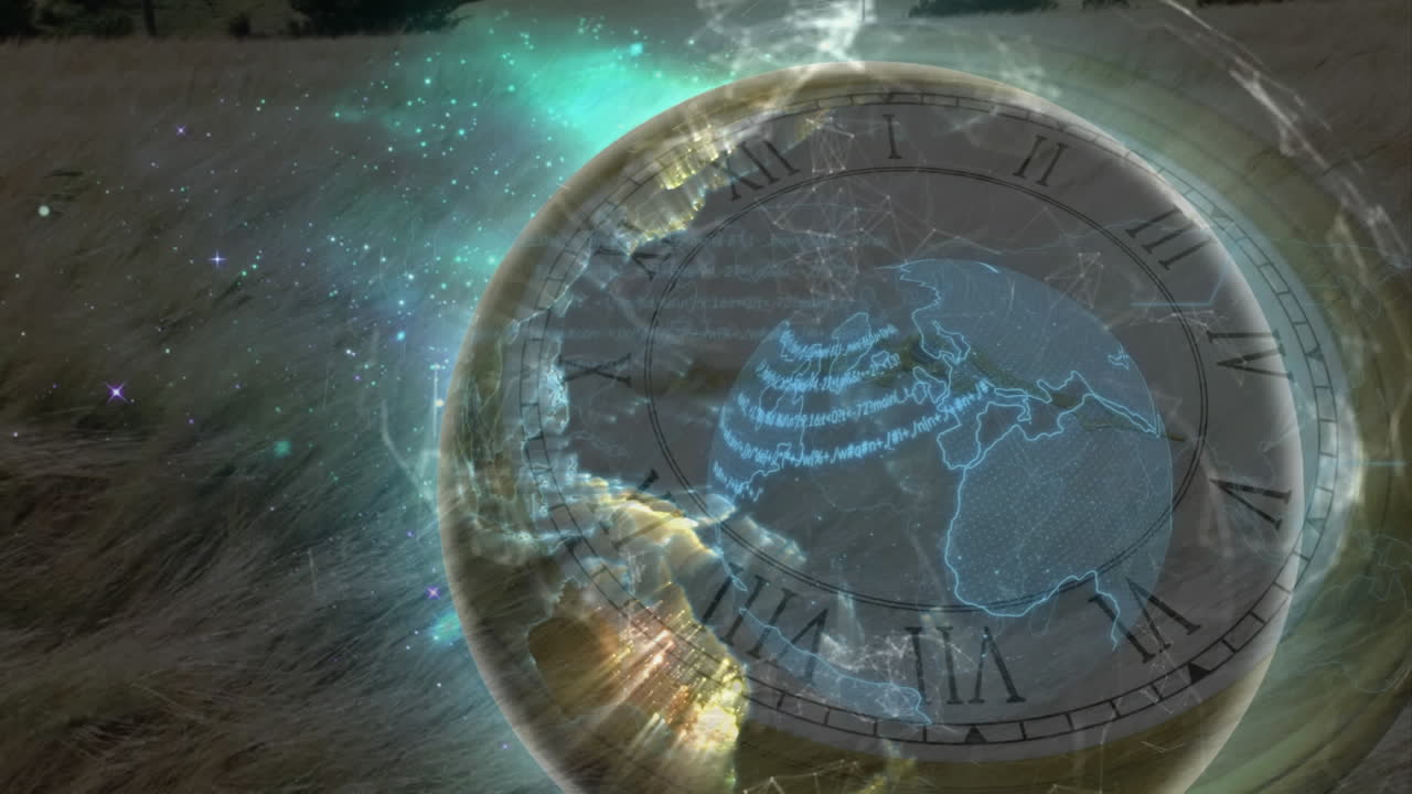 animación de la brillante red global de conexiones y procesamiento de datos durante el reloj y el cielo nocturno