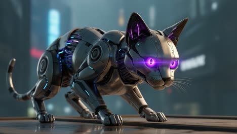 a sleek and futuristic robotic cat with glowing purple eyes, showcasing advanced cybernetic features against a blurred urban backdrop, embodying the intersection of technology and companionship