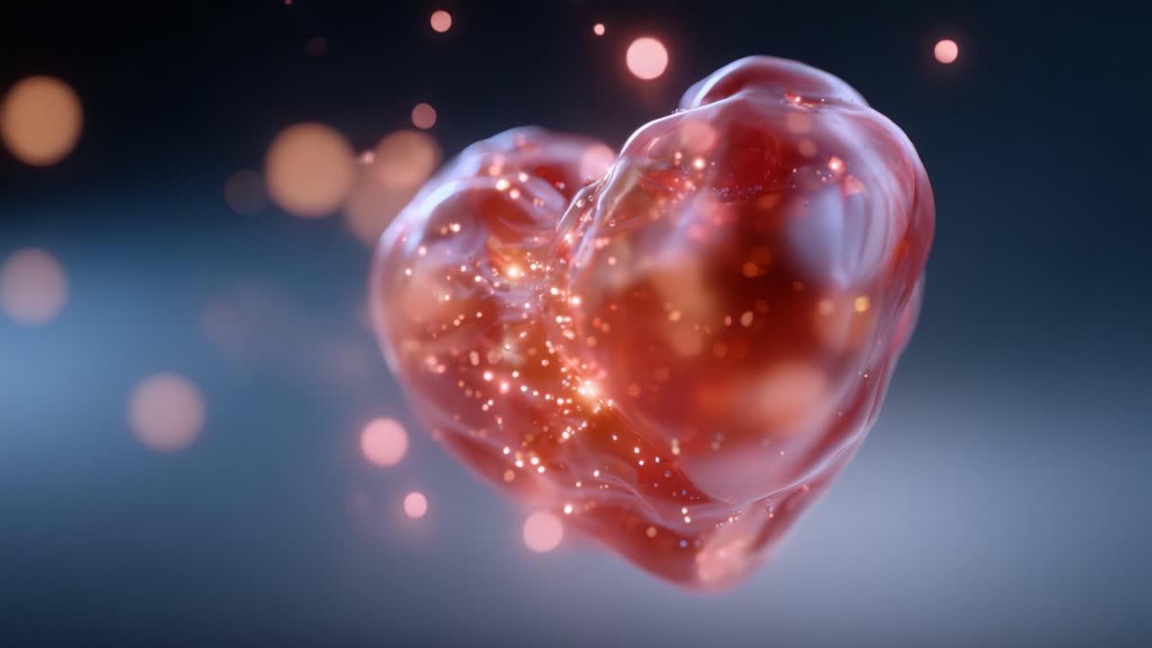 Un affascinante oggetto a forma di cuore che pulsa con particelle scintillanti e un'aura luminosa, che rappresenta l'amore, l'emozione e la bellezza delle connessioni umane in un regno digitale
