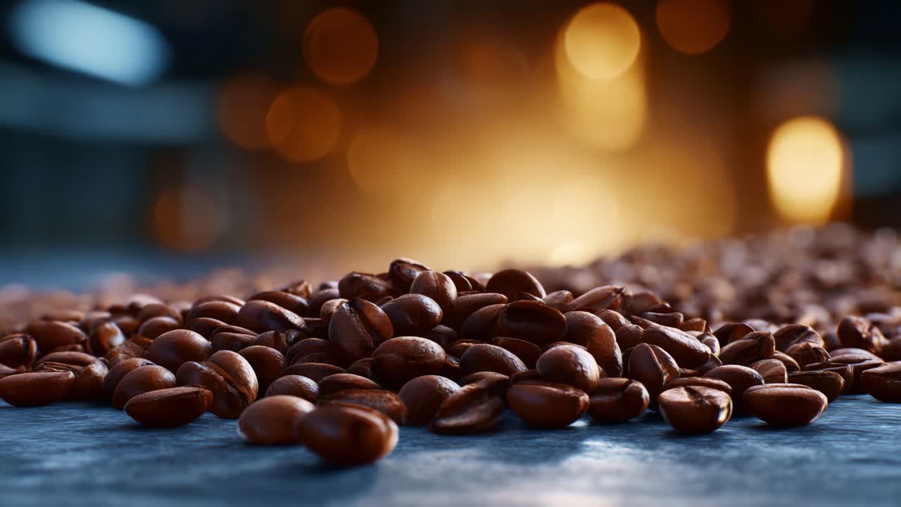 Nærbillede af ristede kaffebønner spredt ud over en overflade, der fremhæver deres rige tekstur og dybebrune farve mod en sløret glødende baggrund